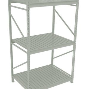 A metal shelving unit with three tiers and vertical support beams, featuring interlocking grid shelves. The shelving is gray and has a simple, industrial design suitable for storage or organization.