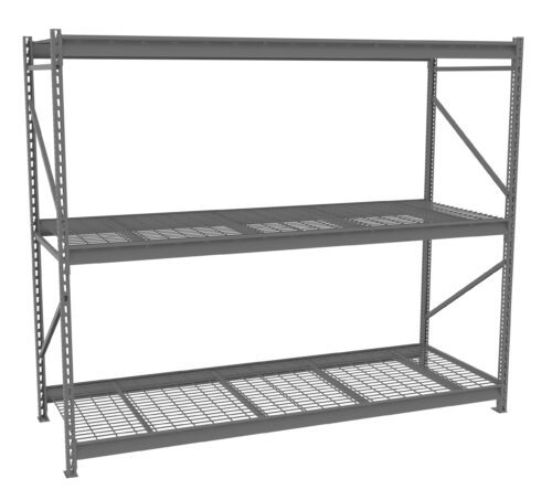 xdmwaxfwegary7co6iar.jpg A large, empty, industrial-style metal shelving unit with three wire-mesh shelves. It is gray and features a sturdy frame with cross-bracing for support, suitable for storage in a warehouse or garage.