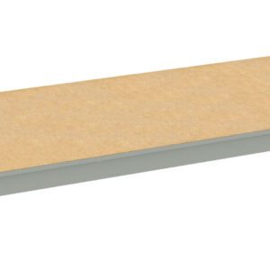 A single wooden shelf with a light beige surface and gray metal edges, positioned horizontally on a white background.