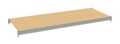 A single wooden shelf with a light beige surface and gray metal edges, positioned horizontally on a white background.