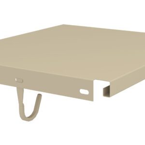 Illustration of a beige metal panel with a flat surface and a hook-like attachment. The panel has a rectangular shape and features small cutouts near the edges.
