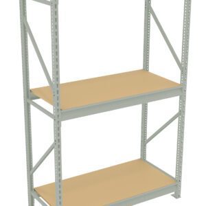 Metal storage rack with three wooden shelves, designed for organizing items. The structure is light grey, with cross-bracing for stability. The shelves are evenly spaced and suitable for various storage needs.