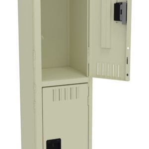 A tall, beige metal locker with two compartments. The top compartment door is open, revealing a spacious interior. The bottom compartment door remains closed. The locker features ventilation slots and a handle on each door.
