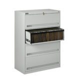 A white metal file cabinet with five drawers, one of which is open to reveal organized hanging file folders. The top drawer is locked, and the cabinets clean design suggests its suitable for office or home use.
