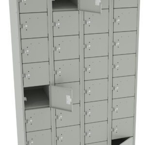A green metal locker unit with multiple small compartments arranged in rows and columns. Some compartment doors are open, revealing empty spaces inside. The locker has a sloped top and a sturdy design.