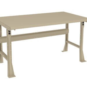A beige rectangular metal workbench with adjustable-height legs and a flat tabletop, set against a plain white background.