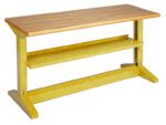 A wooden workbench with a metal frame and a lower shelf. The tabletop is wooden, and the frame is painted yellow. The bench has a sturdy, industrial design.