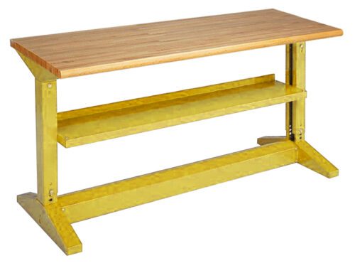 A wooden workbench with a metal frame and a lower shelf. The tabletop is wooden, and the frame is painted yellow. The bench has a sturdy, industrial design.