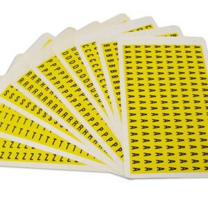 Nine cards fan out, displaying MH-USA Complete Packs of Self-Adhesive Letters. Each card features sheets of yellow paper with black capital letters A, B, C, D, R, S, P, T, and Z. Measuring H.0.37 in x W.0.24 in., these letters stand out vividly against the vibrant background.