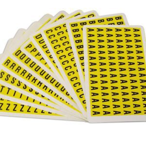 Explore the MH-USA Complete Packs of Self-Adhesive Letters, offering bold black letters on bright yellow backgrounds. Each fan-shaped sheet contains a repeated letter like A, C, L, P, Q, R, T, U, or Z. Dimensions: H.0.33 in x W.0.49 in—ideal for creative projects!.