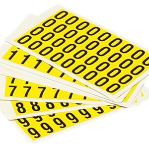 The MH-USA Complete Packs contain self-adhesive yellow stickers, each measuring 0.55 inches high and 0.75 inches wide, displaying black numbers from 0 to 9 in a neat grid pattern.