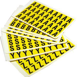 MH-USA Complete Packs of Self-Adhesive Letters, featuring black capital letters A, B, S, and Z on vibrant yellow sheets. Each letter measures H.0.55 in x W.0.75 in.