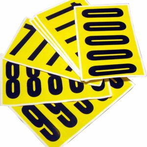 MH-USA Complete Packs of Self-Adhesive Numbers (H.1.77 in. x W.5.12 in.) feature bold black numbers, 0-9, in an overlapping design on yellow sticker sheets, blending style and practicality effortlessly.