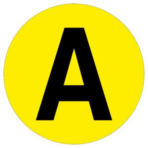 A large black letter A is centered inside a bright yellow circle, serving as the MH-USA Floor Identification Marker - Letter A. Its 7.48 in. diameter ensures clear visibility for effective floor marking.