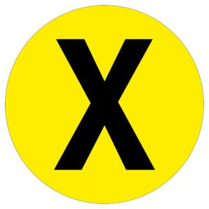 The MH-USA Floor Identification Marker features a large black X on a bright yellow 190mm diameter circle, centered against a white background.