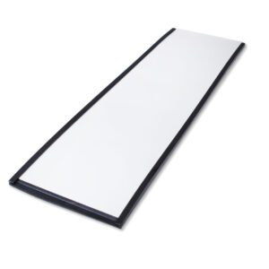A long, rectangular whiteboard eraser with a tapered design has a white cleaning surface, black edges, and angled clarity. It pairs perfectly with an MH-USA Magnetic Label Holder (H.2.76 in x W.3.94 in), ensuring your space stays organized and efficient.
