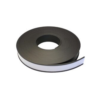 A roll of MH-USA Magnetic Label Holder, H.1.18 in. x W3.94 in., with a partially exposed white adhesive strip, is coiled neatly in a circle against a pristine white background.