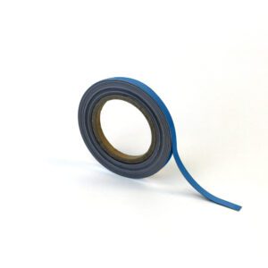 A roll of MH-USA Magnetic Easy-Wipe Strip - Blue, with part of the strip peeled back, is coiled around a cardboard core against a white background, dimensions H.0.39 in x W3.94 in.