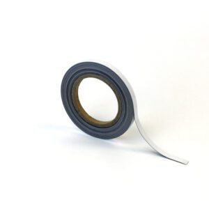 A roll of gray duct tape stands upright on a white background, its end slightly unfurled. Nearby, a pristine white MH-USA Magnetic Easy-Wipe Strip complements the scene with its sleek dimensions of H.0.39 in. x W3.94 in.