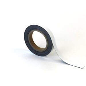Set against a plain white background is a roll of black adhesive tape with a white backing, partially unrolled, reminiscent of the simple and efficient MH-USA Magnetic Easy-Wipe Strip, White, measuring H.0.79 in. x W3.94 in.