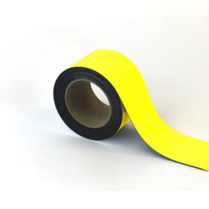 An MH-USA Magnetic Easy-Wipe Strip in vibrant yellow is on a light surface, partially unrolled to highlight its color against the black underside. It measures H.2.76 in x W3.94 in and is ideal for various uses.