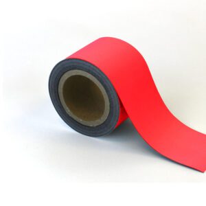 The MH-USA Magnetic Easy-Wipe Strip in red, unwinds right on a white background, wrapped around a sturdy brown core. It measures H.3.54 in. x W3.94 in., perfect for versatile projects.