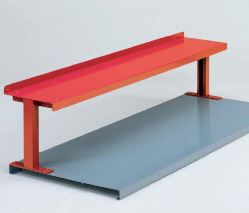 PRODUCTION20BOOSTER2020120SHELF_Red.jpg A minimalist bench with a red top supported by two vertical red beams, resting on a large gray rectangular base. The design is simple, with clean lines and contrasting colors against a plain background.