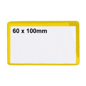 A rectangular badge featuring a yellow border and white center highlighting 60 x 100mm in black letters is similar to MH-USA Ticket Pouches, which are self-adhesive and measure 2.36x3.94 inches, ideal for identification purposes.