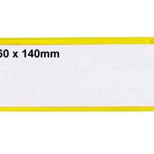 The MH-USA Ticket Pouches are self-adhesive, rectangular labels measuring 2.36 in. x 5.51 in., with a yellow border and MH-USA Ticket Pouches in black on a white background, available in packs of 100.