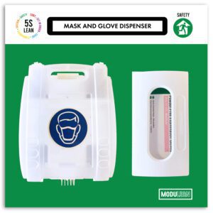The wall-mounted MH-USA Modulean Lite - Mask and Glove Dispenser Board in green features a mask icon on the left, a glove dispenser opening on the right, and is labeled Mask and Glove Dispenser with 5S Lean and Safety logos, making it an ideal dispensing solution.