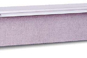 A rectangular, wall-mounted convection heater with a gray fabric front panel and blue side supports. The control panel is on the right end, featuring a power button. The heater has a sleek and modern design.