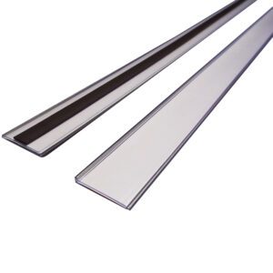 Two long, thin, shiny MH-USA Magnetic Ticket Holder strips, measuring H.1.5 in x W.39.37 in., are shown against a white background, slightly angled away from each other in a pack of 10 with an included card.