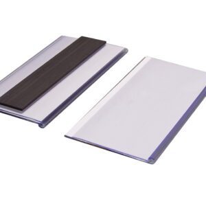 Two rectangular desk nameplates with clear covers, similar to MH-USA Magnetic Ticket Holders, feature either a central black strip or a blank design. Both have slots for name cards and slightly raised edges for a sleek look.