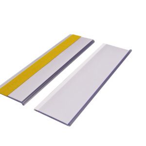 Two flat metal strips are displayed on a white background; one, likely the MH-USA Self Adhesive Ticket Holder (H2.13xW7.87), features a yellow stripe, while the other is plain silver.