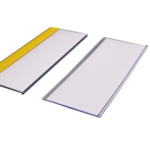 Two MH-USA Self Adhesive Ticket Holders, H.3.15 x W.7.87, appear on a white background; the left one has a yellow stripe and the right is plain. Both have a glossy finish and raised edges, perfect for securely holding cards.