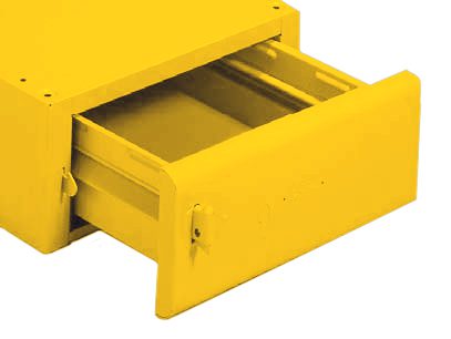 WORKCENTER20DRAWER20_20Yellow.jpg A bright yellow metal drawer is partially open, revealing the inside. The drawer appears to be part of a larger piece of furniture or storage unit.