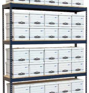 A metal shelving unit, acquired through state shelving contracts, is filled with rows of white storage boxes stacked neatly. These boxes are organized uniformly across four shelves, with some additional ones placed on the top.