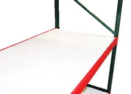 Close-up of a shelf with a white surface and red edges supported by green metal brackets. The shelf is seen from an angle, partially showing its structure and design. The background is plain white.