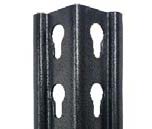 Close-up of a black, metal T-post with multiple round and teardrop-shaped holes along its length, commonly used for fencing, ideal for those seeking efficient storage solutions with BASC.