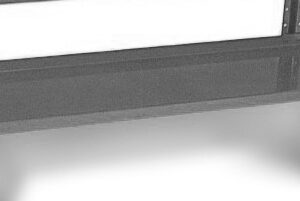 A black metal shelf with two levels and four legs. It has a simple, industrial design and provides space for storage or organization. The background is plain white, highlighting the simplicity of the shelfs construction.