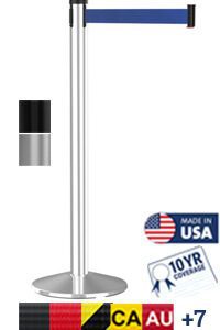 The Visiontron 300 Series Crowd Control Stanchion features a retractable 10 blue belt, is Made in USA, includes a 10 Year Warranty, and its base shows flags such as CA and AU plus +7 for more countries.