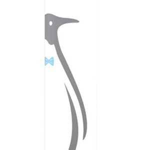 The Visiontron Premium Versa-Stand Sign Inserts display a minimalist gray penguin wearing a blue bow tie, with VISIONTRON. The People Guidance Pros. at the top. Available in four sizes, the sign is tall and rectangular.