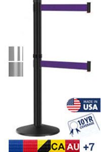 The Visiontron Dual Line 300 Series Crowd Control Post, 10, has a black stanchion with two retractable purple belts. It features a Made in USA label, a 10-year warranty, and color bars displaying various country flags.