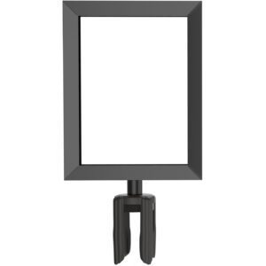 The Heavy Duty Visiontron Frame Sign Holder 8.5 x 11 with Adapter features a rectangular, blank whiteboard sign with a sleek black frame mounted on a stand, ensuring the base holds the frame upright seamlessly.