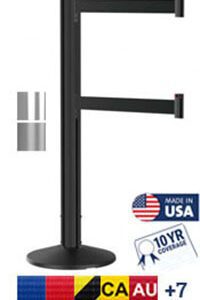 The Visiontron Dual Line Grooved Crowd Control Post, 9, black with two retractable belts, proudly Made in USA, offers a 10-year warranty and displays multiple international flags like Germany, Canada, and Australia.