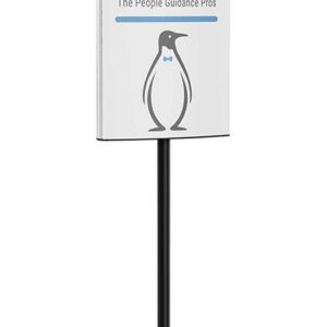 The Visiontron Versa-Stand Sign Post showcases a slender black pole supporting a white background sign with VISIONTRON: The People Guidance Pros and a bow-tied penguin, all anchored by a black base.