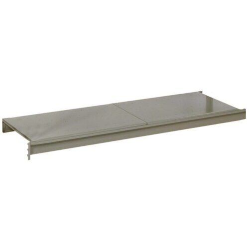 lyon-bulk-storage-rack-additional-level-with-solid-decking.jpg A silver metal wall shelf with a perforated pattern, featuring a sleek and minimalist design. It has a flat surface and is supported by a sturdy frame, suitable for organizing items in a modern or industrial-style space.