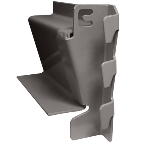A close-up view of a gray metal lock seam panel clip used in construction. The clip features a rectangular base and protruding hooks for attachment. It is designed for structural support and securing metal panels.