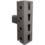Close-up of a gray metal bracket with multiple triangular and circular cutouts. The bracket is designed to fit onto a supporting structure, featuring a protruding horizontal arm on one side.