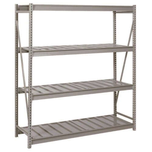 A large, metallic shelving unit with four evenly spaced shelves. The frame is silver, sturdy, and industrial-looking, designed for heavy-duty storage. The shelves are slatted, allowing air circulation. The background is plain white.